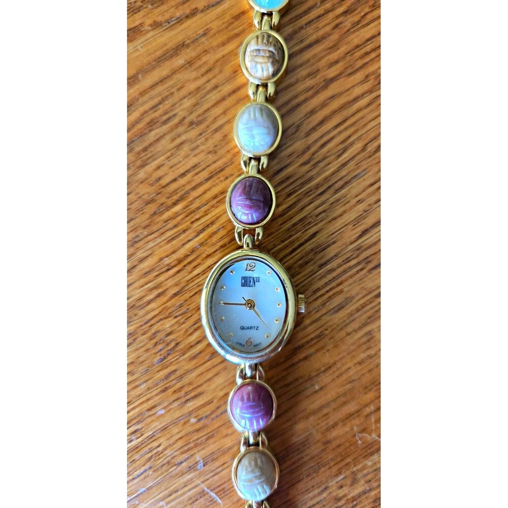 Vintage Gruen Quartz Women's Oval Gold Tone Multicolor Scarab Bracelet Watch